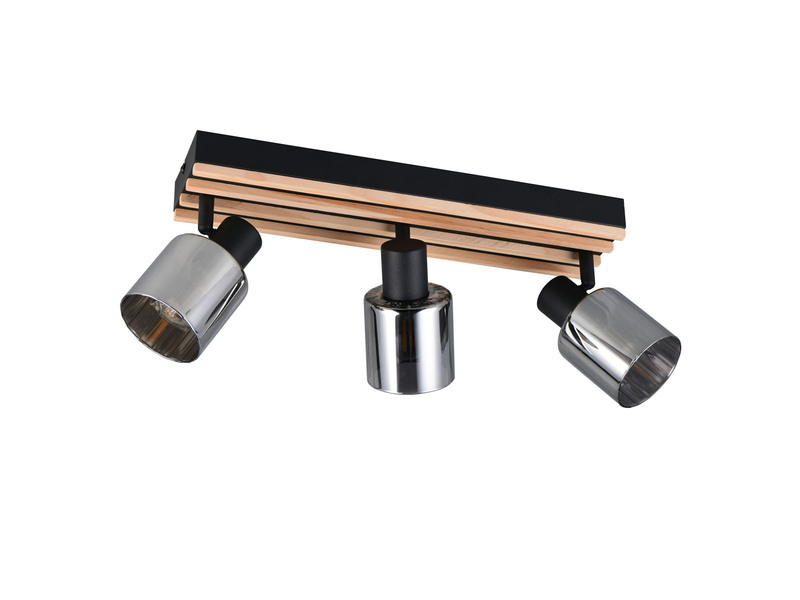 Deckenstrahler TRAVIA 3-flammig, Rauchglas Schwarz & Holzlamellen, Breite 52,5cm