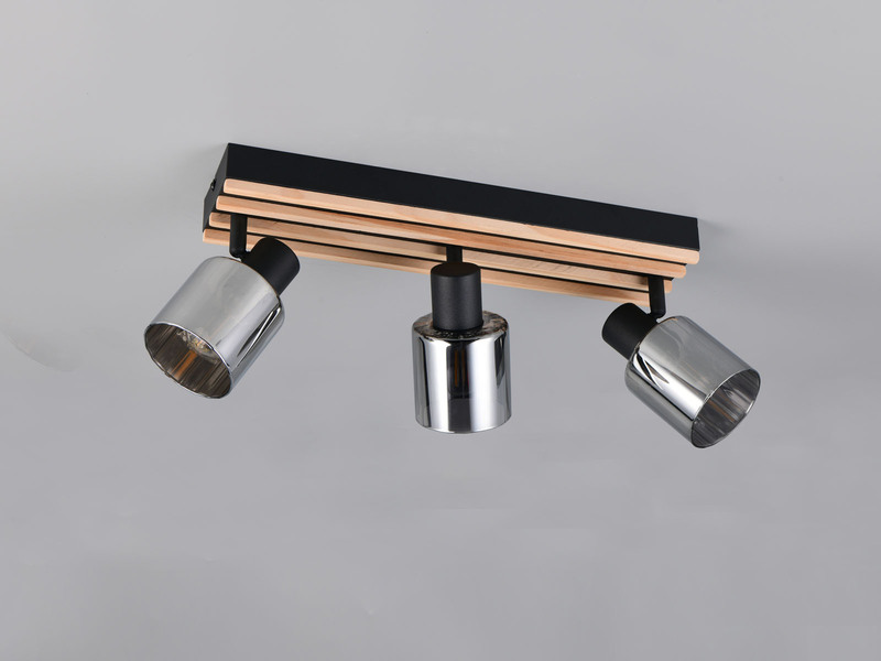 Deckenstrahler TRAVIA 3-flammig, Rauchglas Schwarz & Holzlamellen, Breite 52,5cm