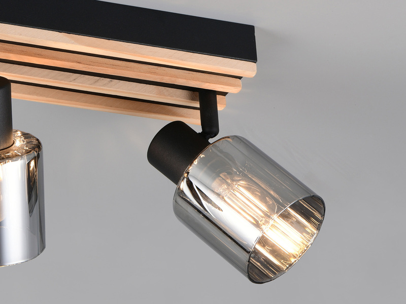 Deckenstrahler TRAVIA 3-flammig, Rauchglas Schwarz & Holzlamellen, Breite 52,5cm