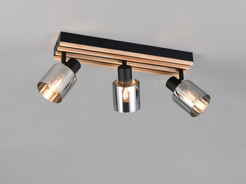 Deckenstrahler TRAVIA 3-flammig, Rauchglas Schwarz & Holzlamellen, Breite 52,5cm