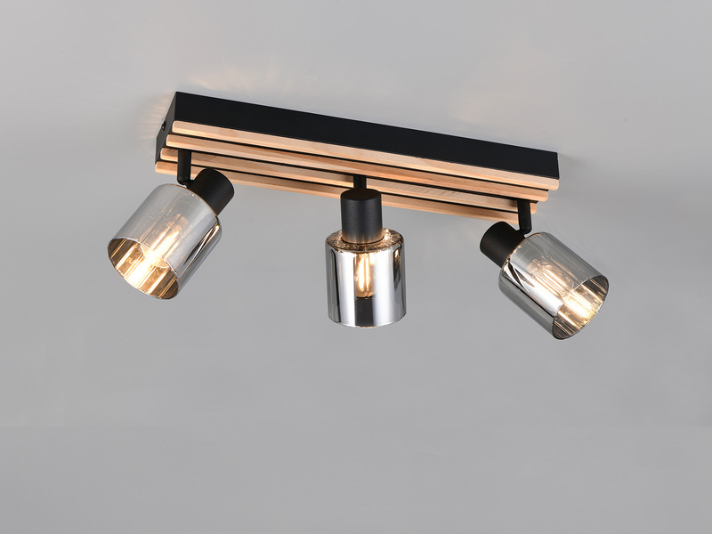 Deckenstrahler TRAVIA 3-flammig, Rauchglas Schwarz & Holzlamellen, Breite 52,5cm