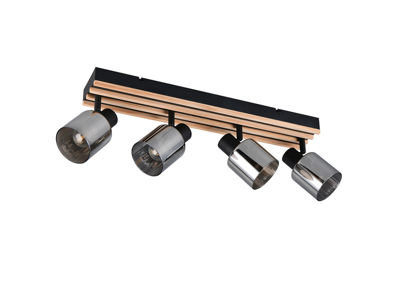 Deckenstrahler TRAVIA 4-flammig, Rauchglas Schwarz & Holzlamellen, Breite 64,5cm