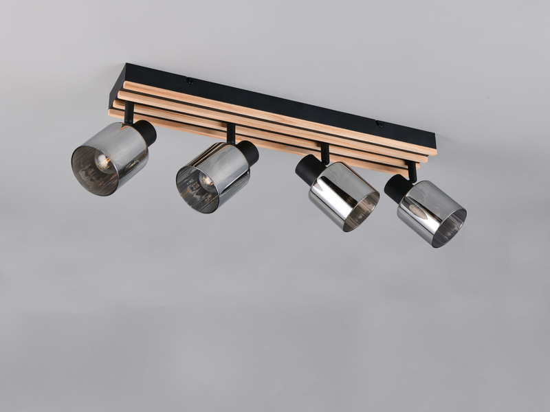 Deckenstrahler TRAVIA 4-flammig, Rauchglas Schwarz & Holzlamellen, Breite 64,5cm