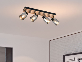 Deckenstrahler TRAVIA 4-flammig, Rauchglas Schwarz & Holzlamellen, Breite 64,5cm