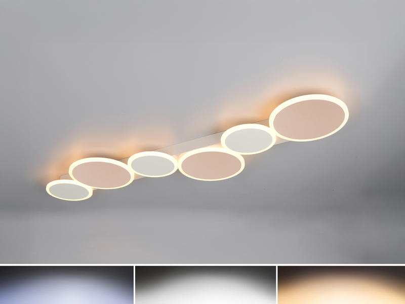 Grau beige LED-Deckenleuchte mit runden Leuchtelementen und Darstellung unterschiedlicher Lichtfarben