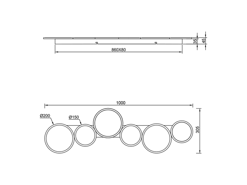 Detaillierte Maßskizze der LED-Deckenleuchte