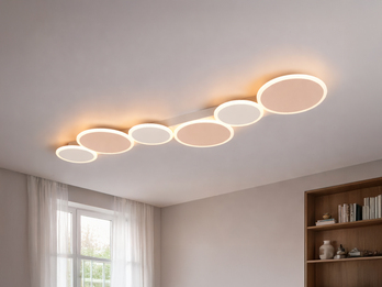 Grau beige LED-Deckenleuchte mit runden Lichtflächen im Wohnraum