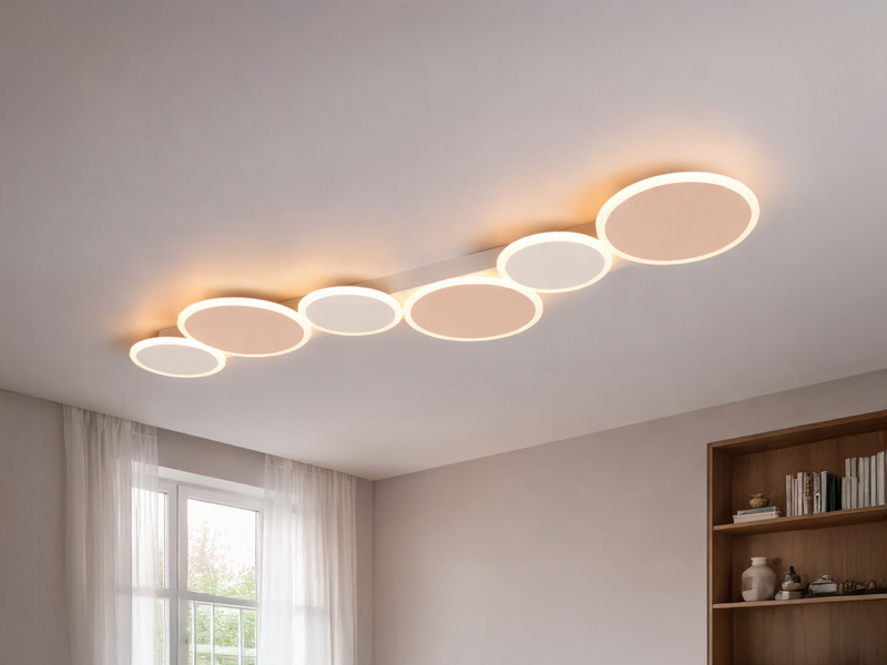 Grau beige LED-Deckenleuchte mit runden Lichtflächen im Wohnraum