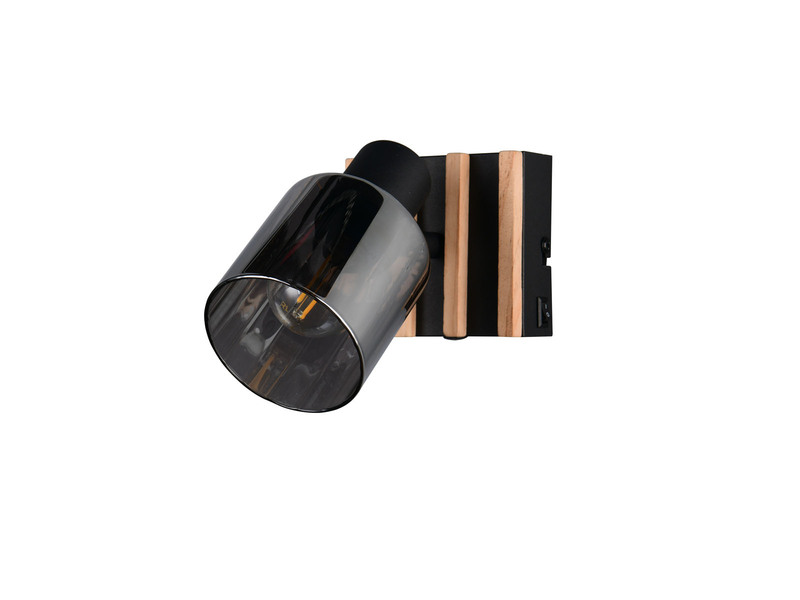 LED Wandstrahler mit Schalter, Rauchglas Schwarz & Holz, Breite 10cm