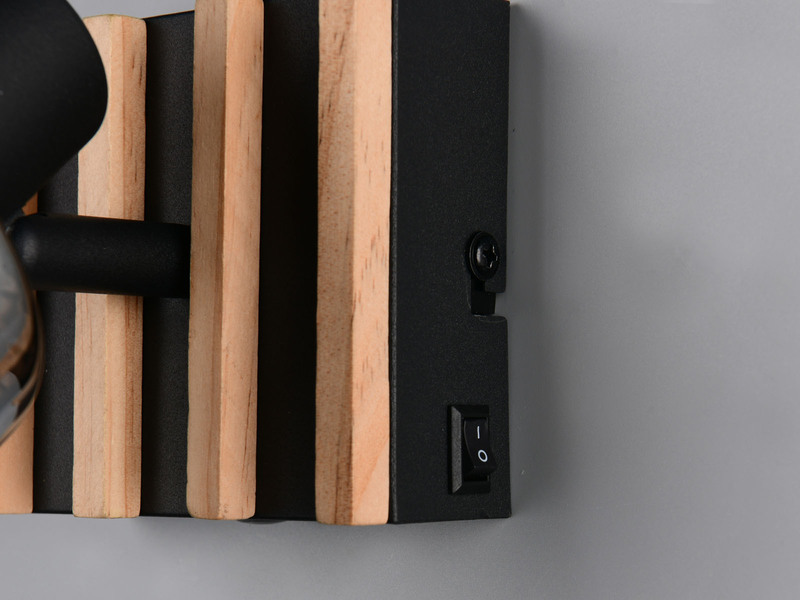 LED Wandstrahler mit Schalter, Rauchglas Schwarz & Holz, Breite 10cm