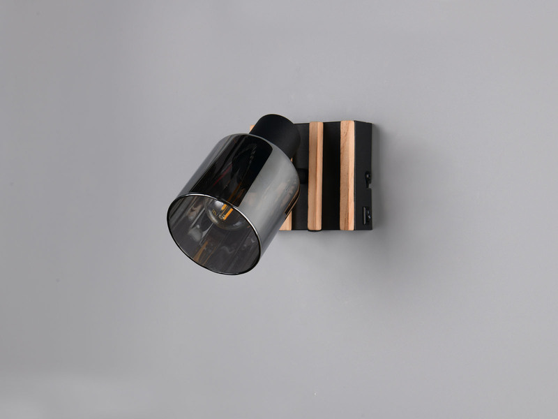 LED Wandstrahler mit Schalter, Rauchglas Schwarz & Holz, Breite 10cm