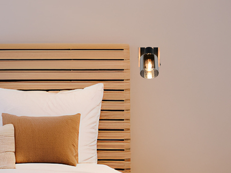 LED Wandstrahler mit Schalter, Rauchglas Schwarz & Holz, Breite 10cm