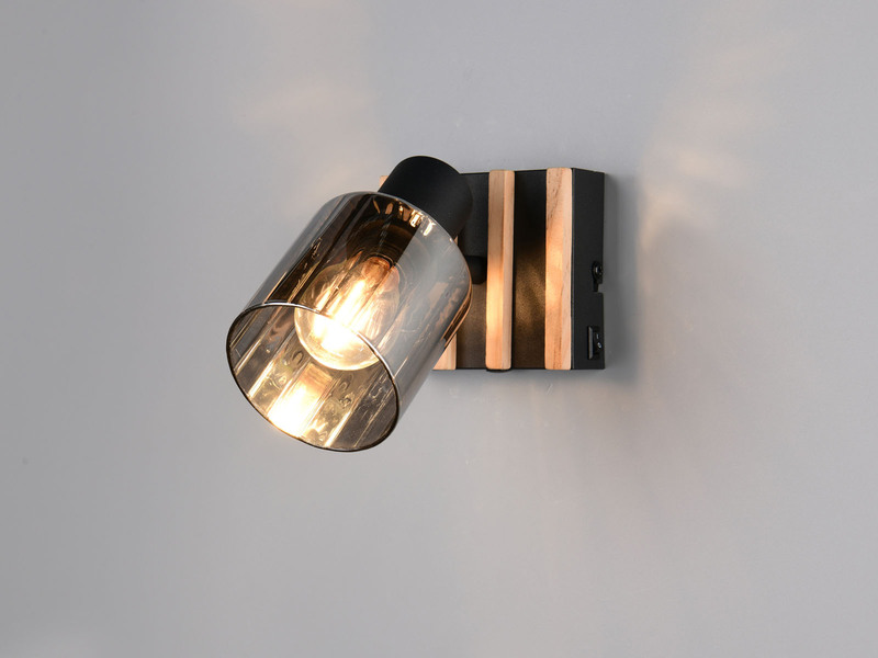 LED Wandstrahler mit Schalter, Rauchglas Schwarz & Holz, Breite 10cm