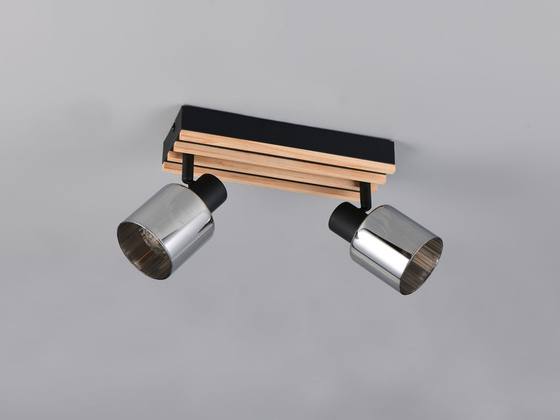 LED Deckenstrahler 2-flammig, Rauchglas Schwarz & Holzlamellen, Breite 38,5cm