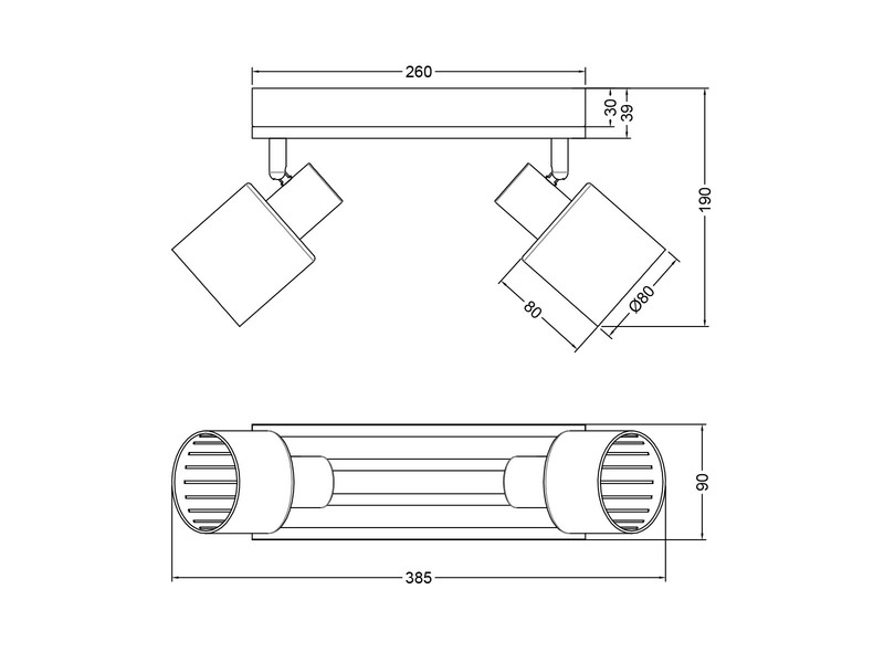 LED Deckenstrahler 2-flammig, Rauchglas Schwarz & Holzlamellen, Breite 38,5cm