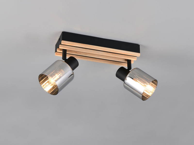 LED Deckenstrahler 2-flammig, Rauchglas Schwarz & Holzlamellen, Breite 38,5cm