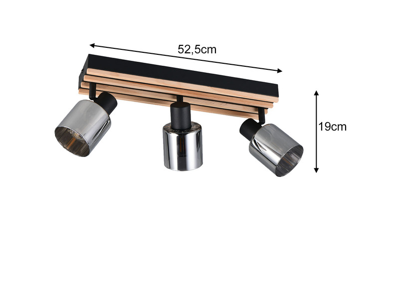 LED Deckenstrahler 3-flammig, Rauchglas Schwarz & Holzlamellen, Breite 52,5cm