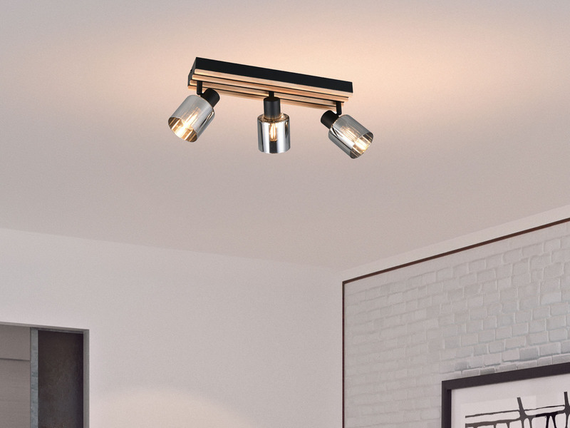 LED Deckenstrahler 3-flammig, Rauchglas Schwarz & Holzlamellen, Breite 52,5cm