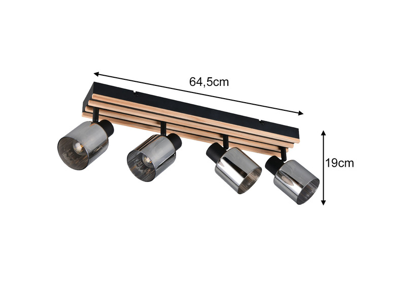 LED Deckenstrahler 4-flammig, Rauchglas Schwarz & Holzlamellen, Breite 64,5cm