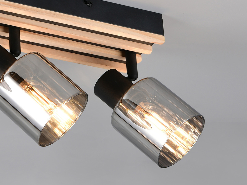 LED Deckenstrahler 4-flammig, Rauchglas Schwarz & Holzlamellen, Breite 64,5cm