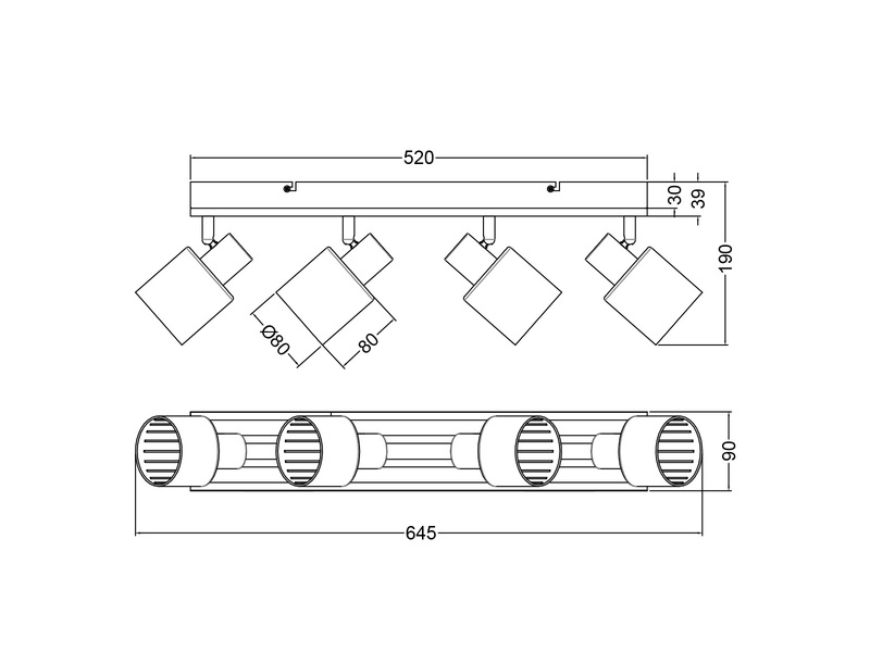 LED Deckenstrahler 4-flammig, Rauchglas Schwarz & Holzlamellen, Breite 64,5cm