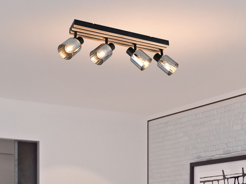 LED Deckenstrahler 4-flammig, Rauchglas Schwarz & Holzlamellen, Breite 64,5cm