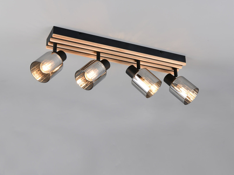 LED Deckenstrahler 4-flammig, Rauchglas Schwarz & Holzlamellen, Breite 64,5cm