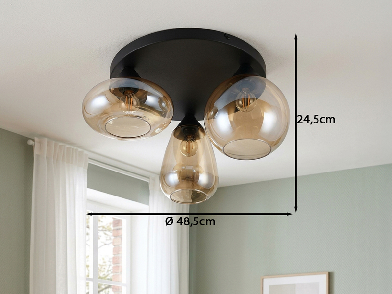 Retro Deckenleuchte LUMINA mit 3 Glasschirmen Amberfarbig Ø 48,5cm