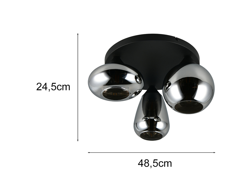 Retro Deckenleuchte LUMINA mit 3 Glasschirmen in Chrom Ø 48,5cm