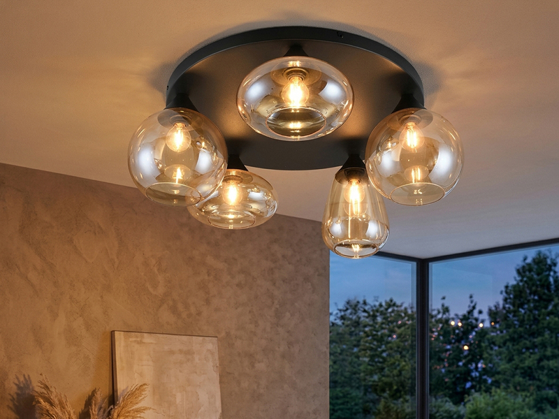 Große Retro Deckenleuchte LUMINA mit 5 Glasschirmen Amberfarbig Ø 63,5cm