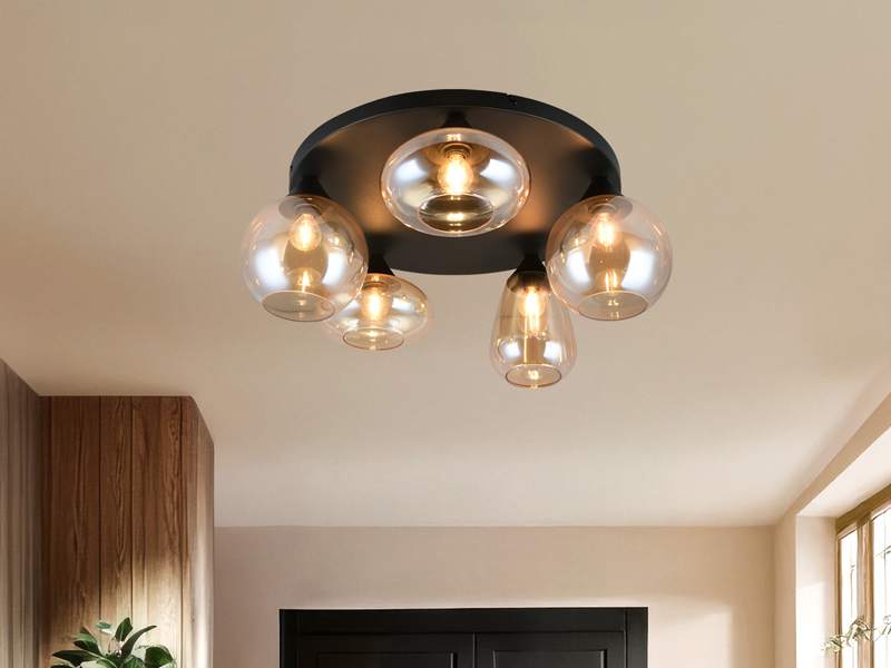Große Retro Deckenleuchte LUMINA mit 5 Glasschirmen Amberfarbig Ø 63,5cm