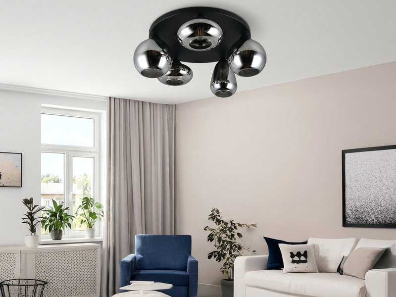 Große Retro Deckenleuchte LUMINA mit 5 Glasschirmen in Chrom Ø 63,5cm