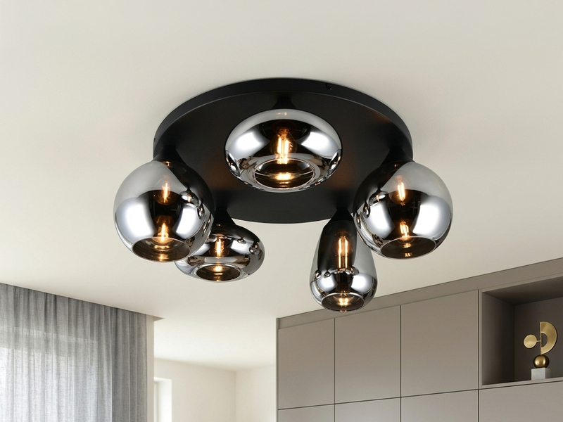 Große Retro Deckenleuchte LUMINA mit 5 Glasschirmen in Chrom Ø 63,5cm