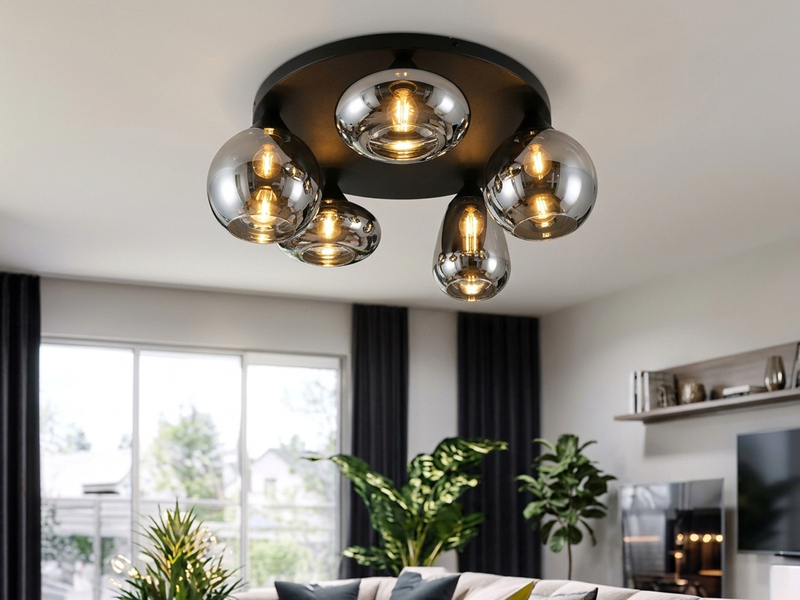 Große Retro Deckenleuchte LUMINA mit 5 Glasschirmen in Chrom Ø 63,5cm