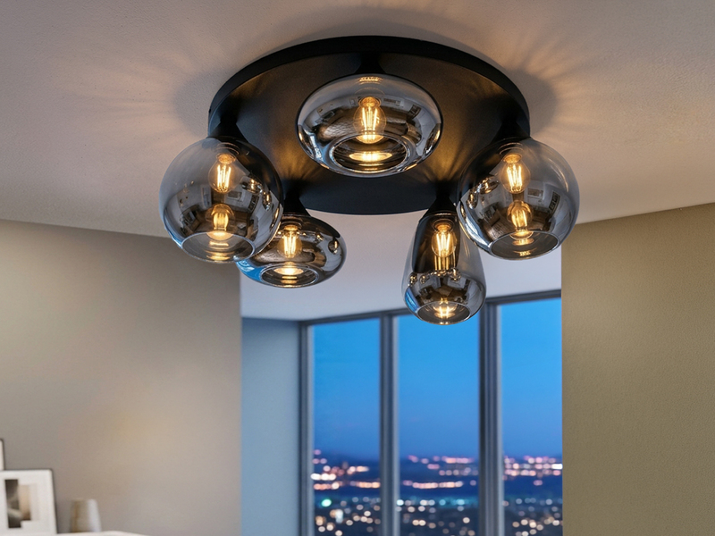 Große Retro Deckenleuchte LUMINA mit 5 Glasschirmen in Chrom Ø 63,5cm