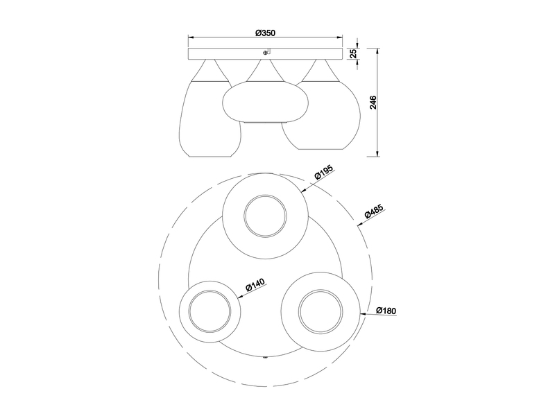Detaillierte Maßzeichnung der dreiflammigen Deckenleuchte