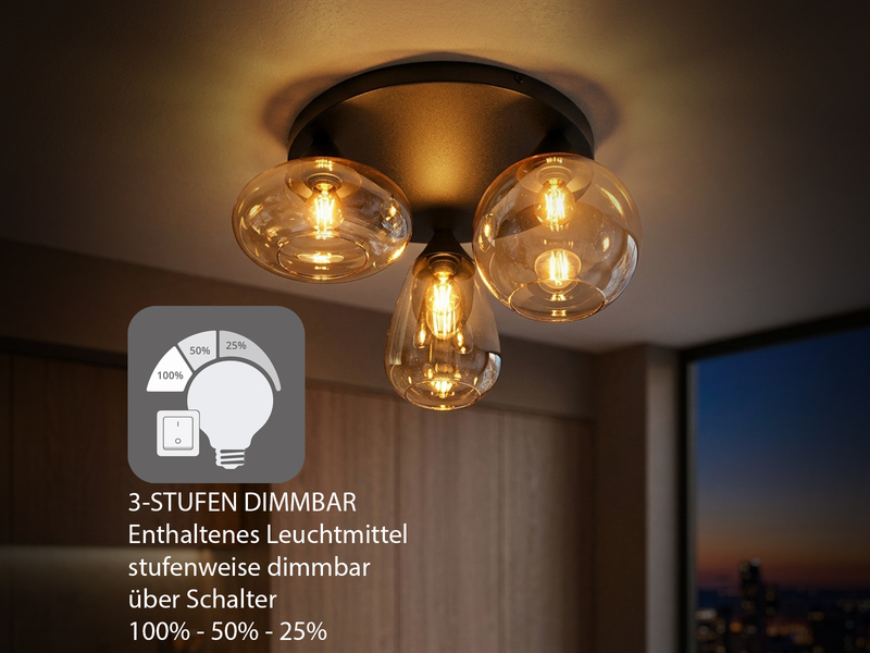 Retro LED Deckenleuchte mit 3 Glasschirmen Amberfarbig Ø 48,5cm