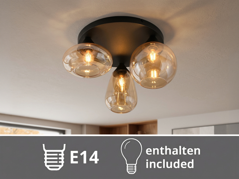 Retro LED Deckenleuchte mit 3 Glasschirmen Amberfarbig Ø 48,5cm