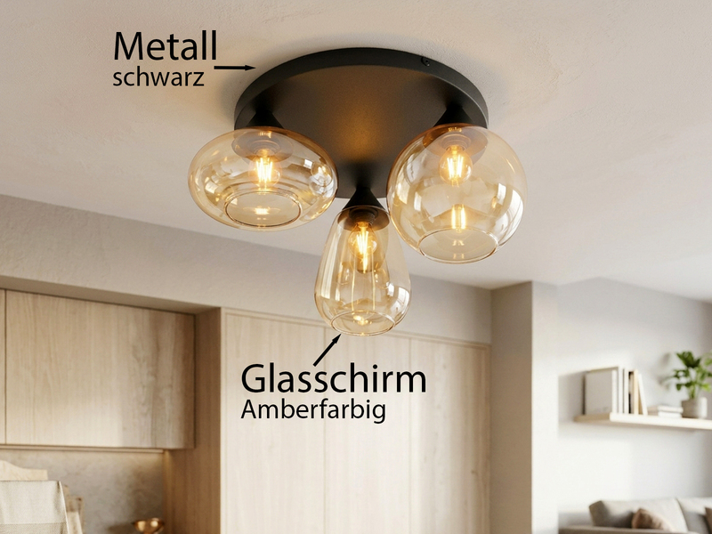 Retro LED Deckenleuchte mit 3 Glasschirmen Amberfarbig Ø 48,5cm