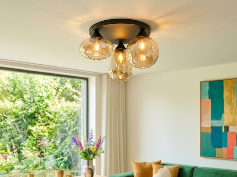 Retro LED Deckenleuchte mit 3 Glasschirmen Amberfarbig Ø 48,5cm