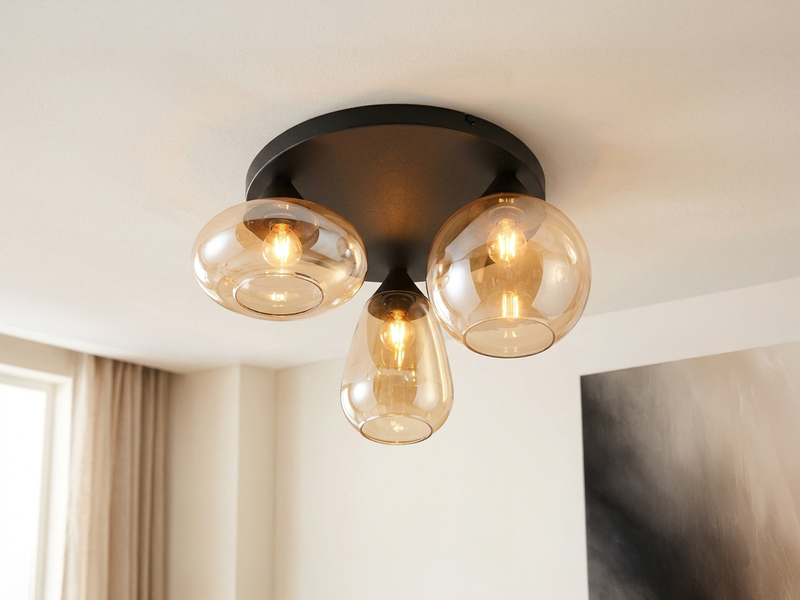 Retro LED Deckenleuchte mit 3 Glasschirmen Amberfarbig Ø 48,5cm