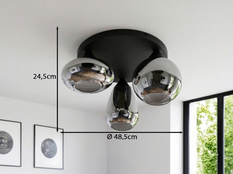 Retro LED Deckenleuchte mit 3 Glasschirmen Chrom Ø 48,5cm