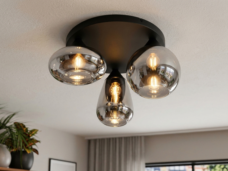 Retro LED Deckenleuchte mit 3 Glasschirmen Chrom Ø 48,5cm
