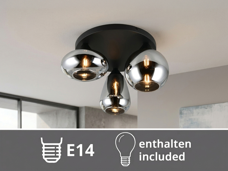 Retro LED Deckenleuchte mit 3 Glasschirmen Chrom Ø 48,5cm