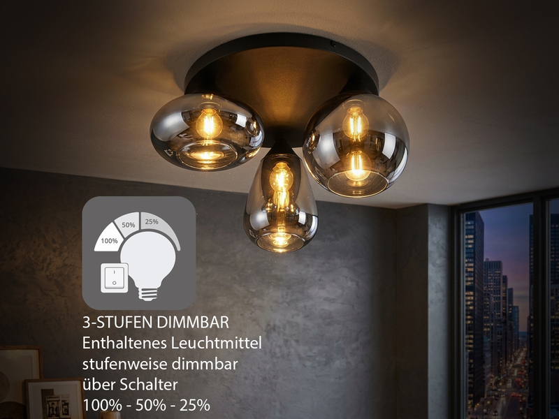 Retro LED Deckenleuchte mit 3 Glasschirmen Chrom Ø 48,5cm