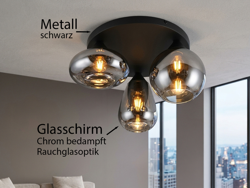 Retro LED Deckenleuchte mit 3 Glasschirmen Chrom Ø 48,5cm