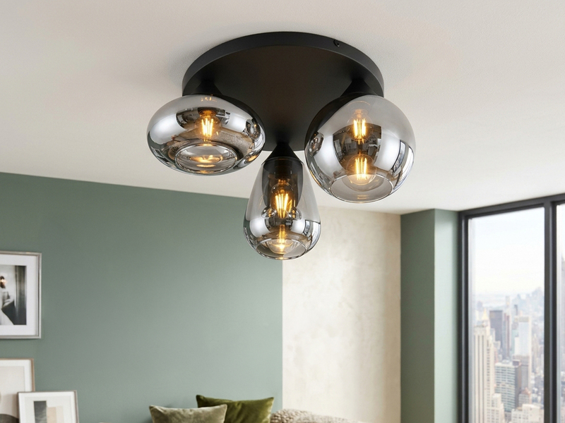 Retro LED Deckenleuchte mit 3 Glasschirmen Chrom Ø 48,5cm