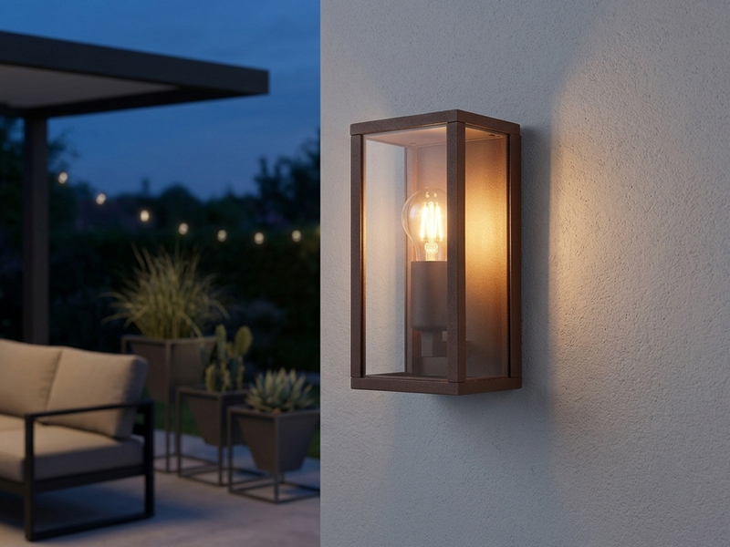 Moderne Außenwandleuchte GARONNE in Rostoptik mit Glas, Höhe 26cm