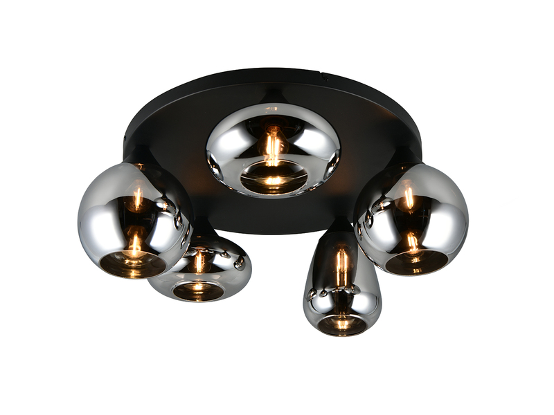 Fünfflammige Deckenleuchte mit Chrom Glaslampenschirmen - Freistelleransicht