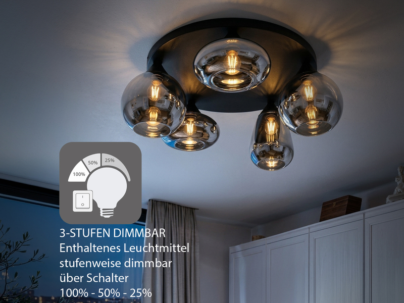 Große Retro LED Deckenleuchte mit 5 Glasschirmen Chrom Ø 63,5cm